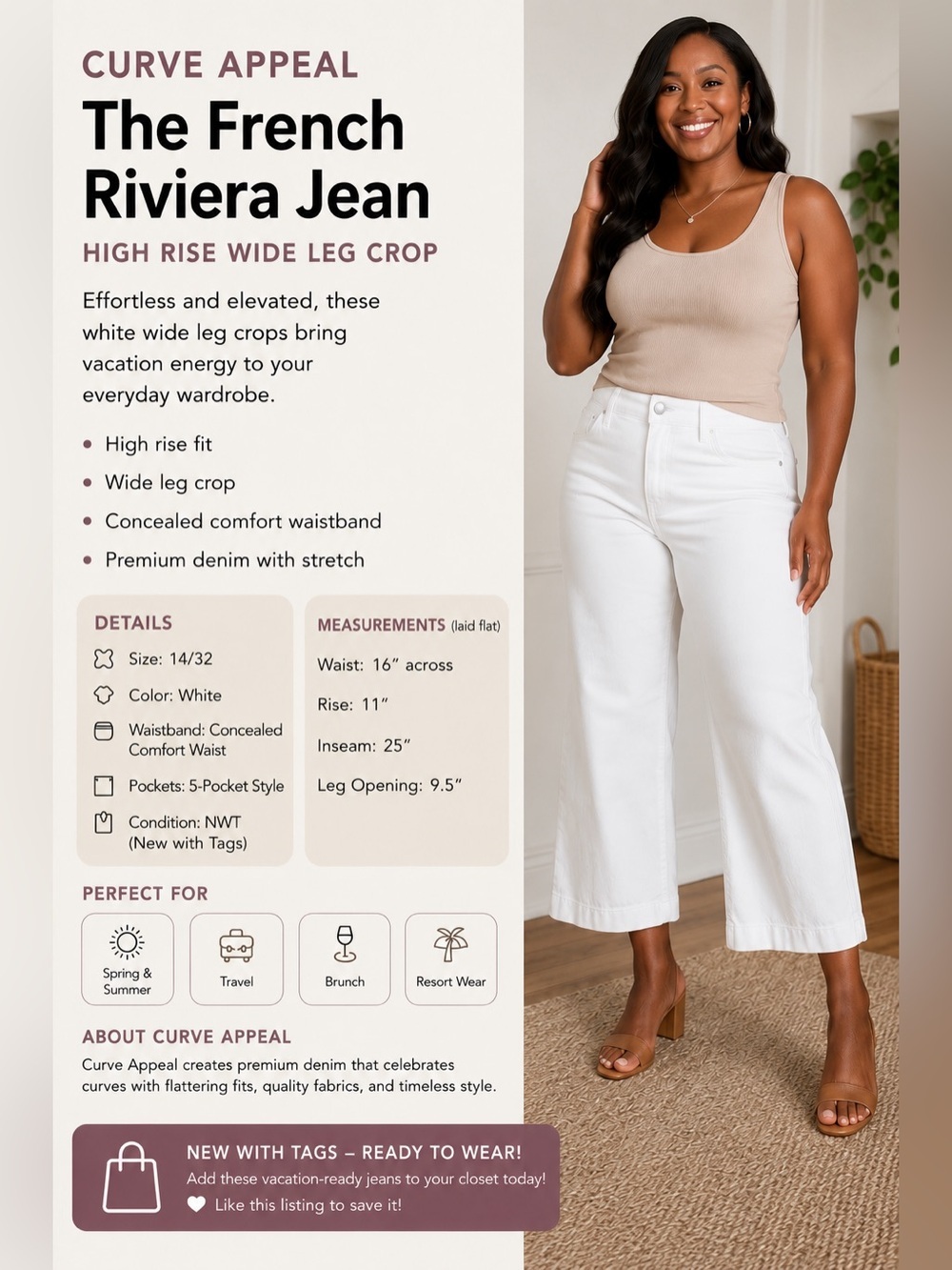 Curve Appeal The French Riviera Jean - White Wide Leg Crop Size 14/32​